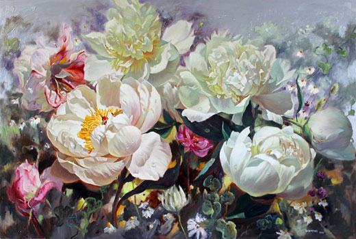 Zoe Feng nz flower artist, oil on board, elegant